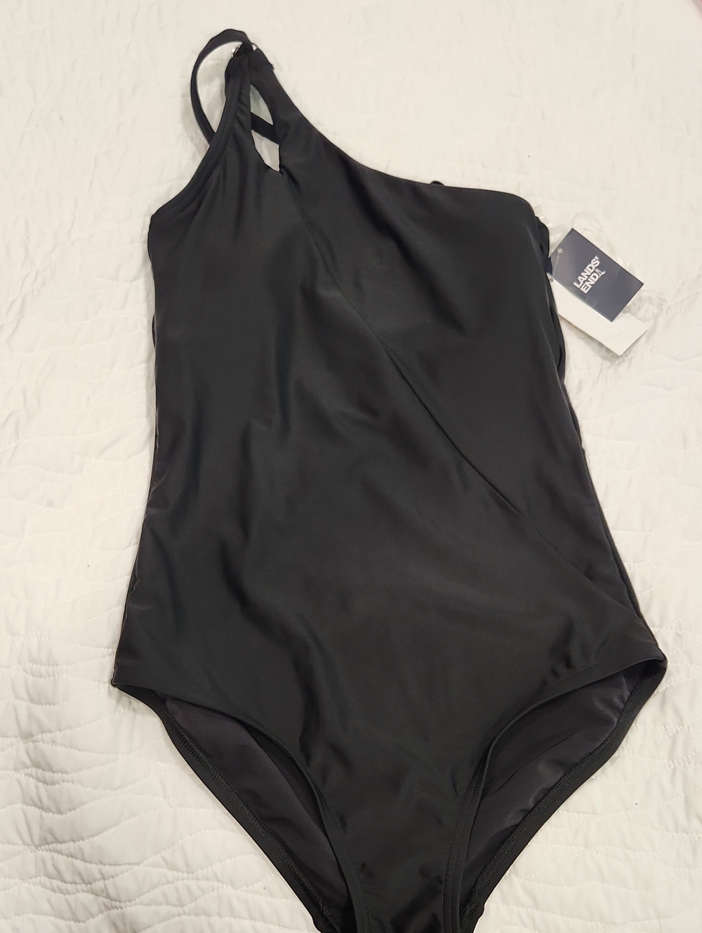 Lands' End Black One-Shoulder Asymmetric One-Piece Swimsuit